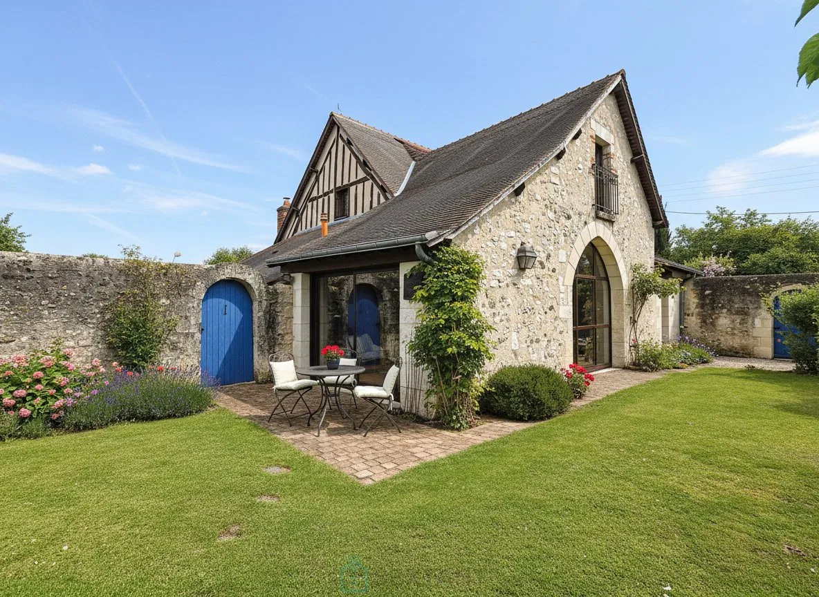 Photo of Old 19th century house, enclosed garden and landscape.